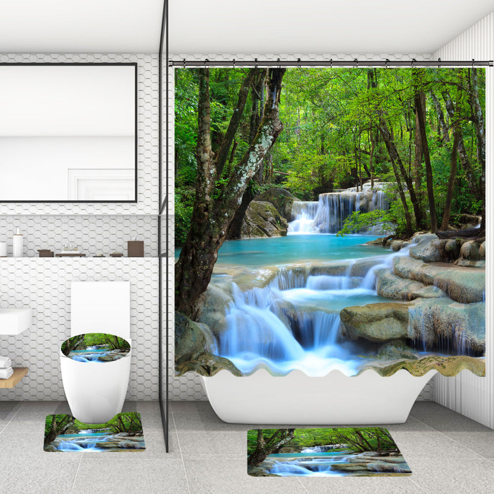 Bathroom Shower Curtain and Floor Mat Set Ocean World Printing - 4 Piece