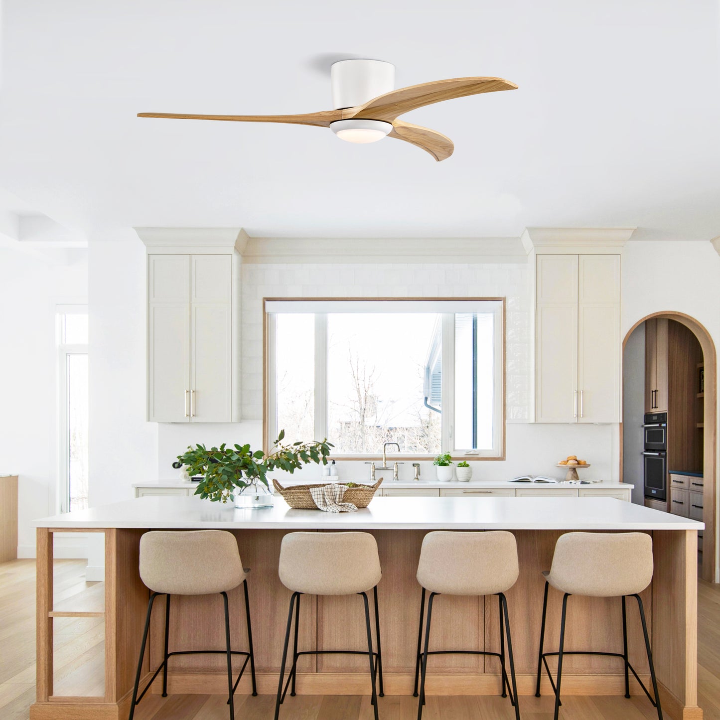 52" Solid Wood Ceiling Fan with Light & Remote Control - Matte White Natural