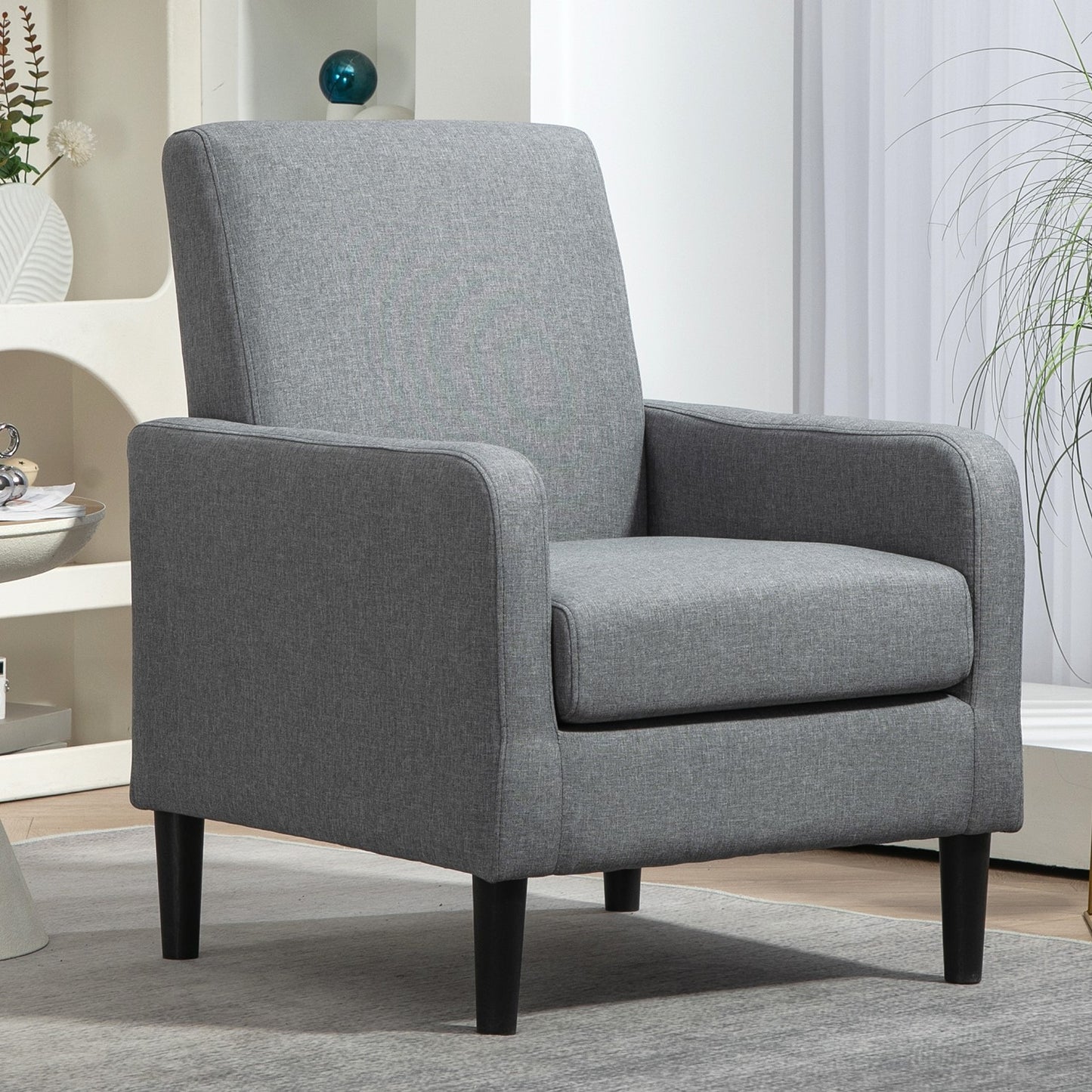 Faux Linen Upholstered Accent Chair, Modern Armchair With Solid Wood