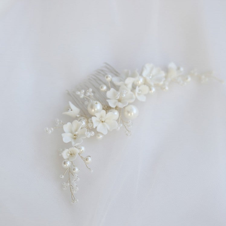 White Ceramic Flower Bridal Hair Comb