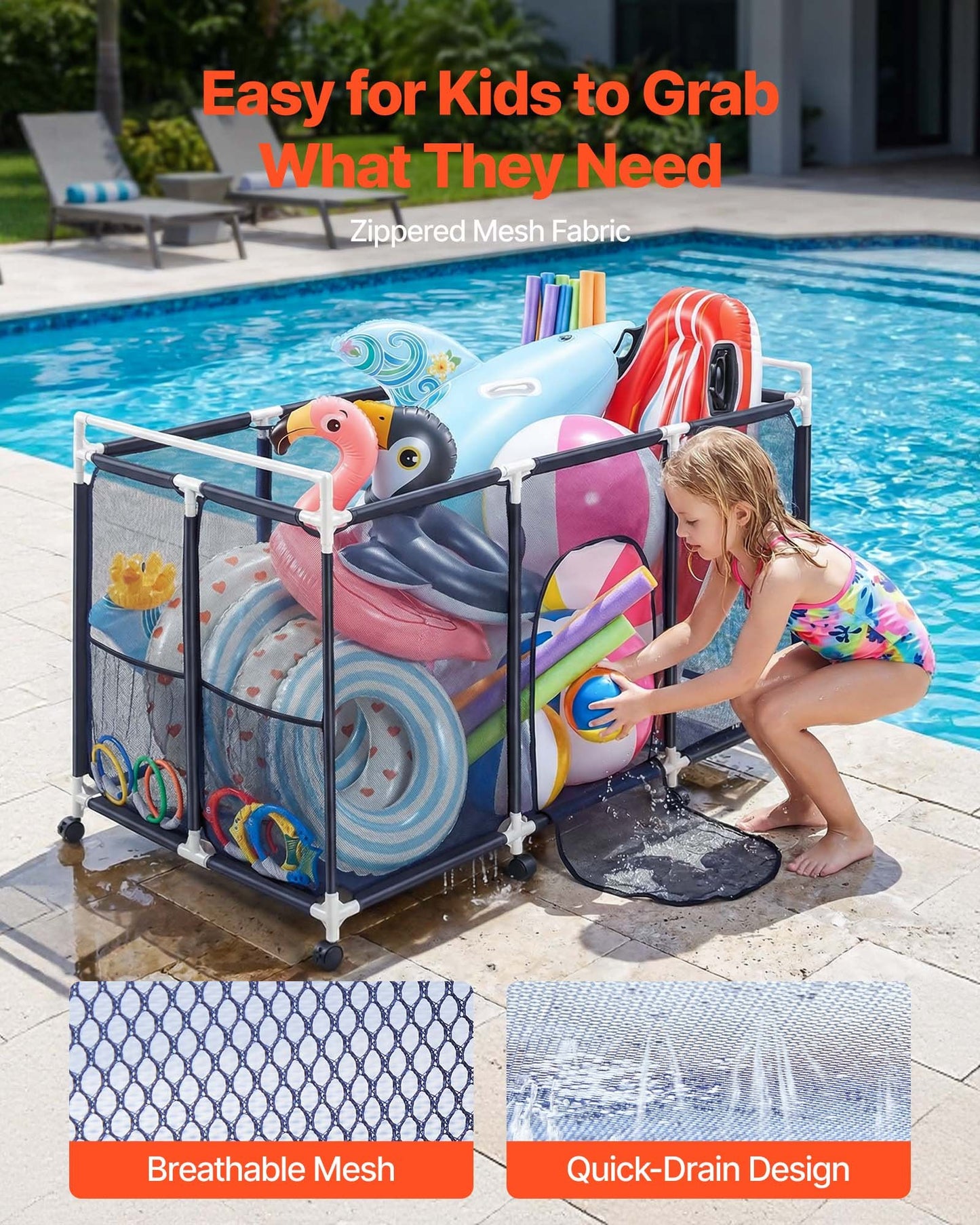 Rolling Pool Storage Bin with Side Pockets - Durable Plastic Organizer for Pool Toys & Noodles, Black