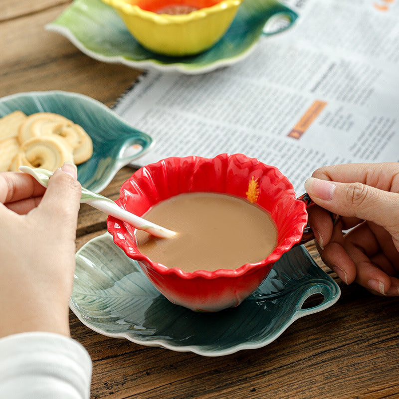 Handmade Enamel Ceramic Coffee Cup with Plate and Spoon - Latte Art Drinkware