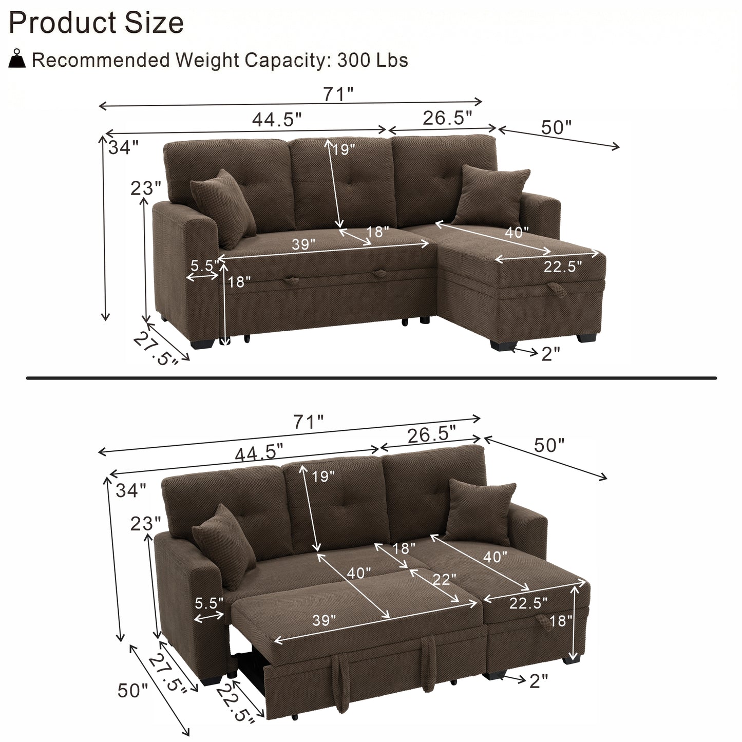 Reversible Chaise Sleeper Sofa Bed with Storage - Coffee