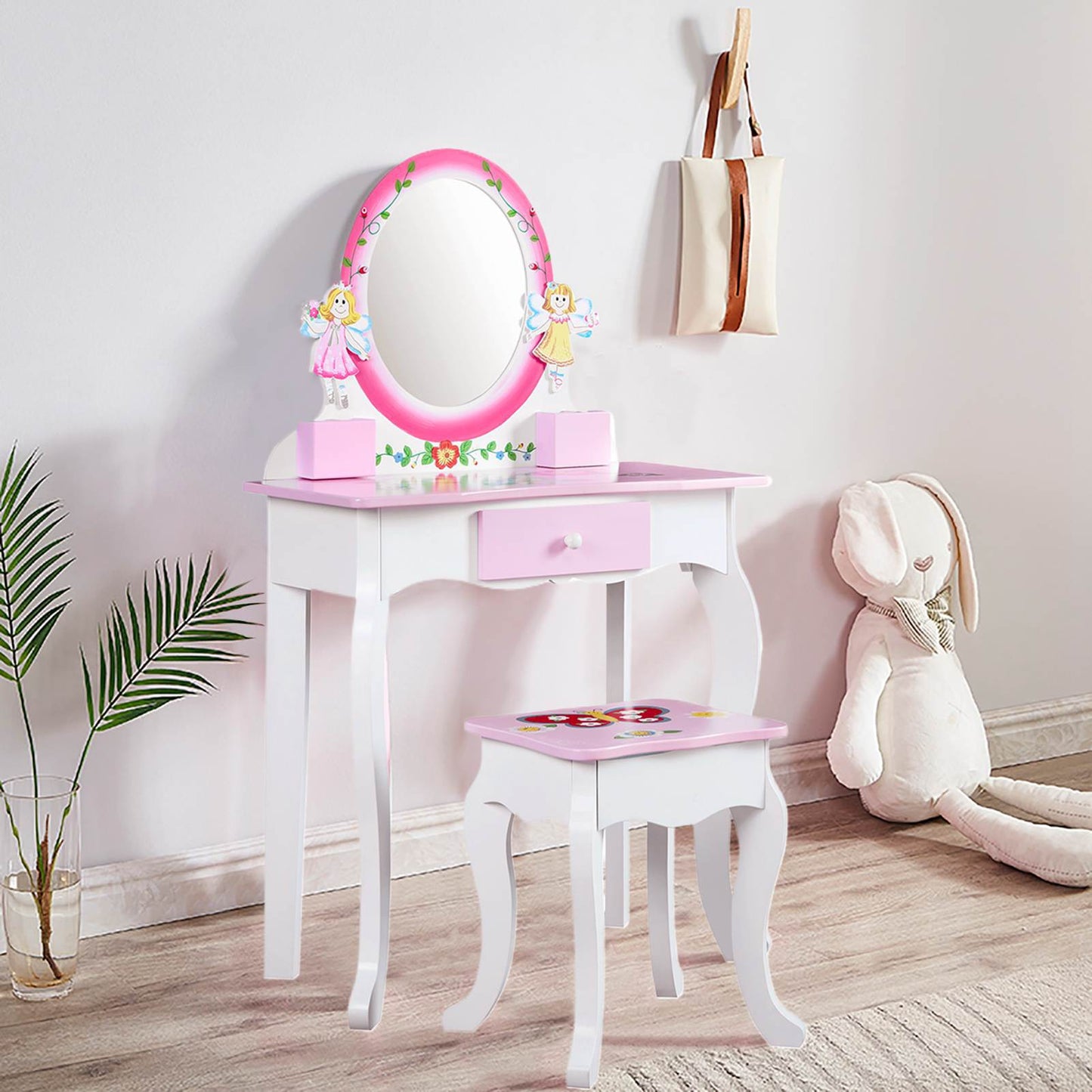 Kids Vanity Set Floral Printed Wooden Makeup Dressing Princess Table