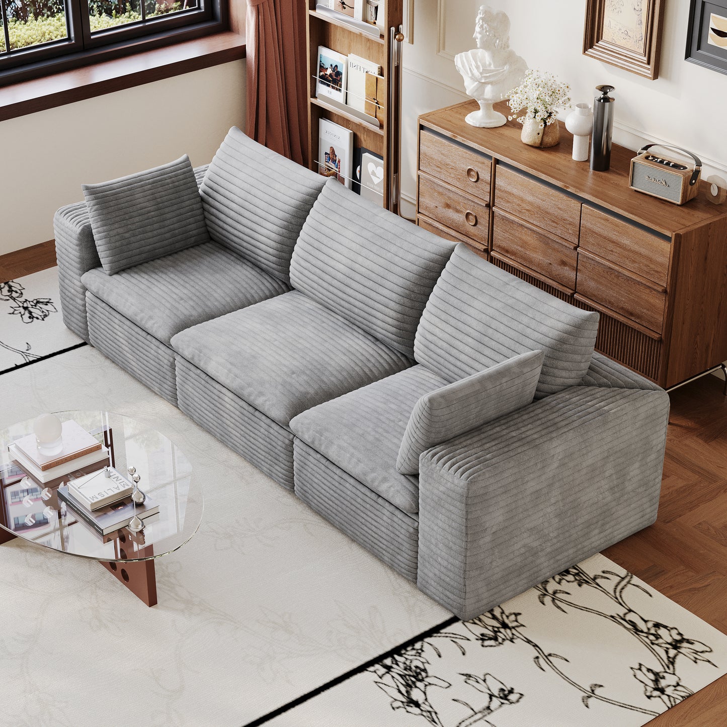 102" Cloud Sofa - Grey Corduroy Fabric, Deep Seat, Removable Cushions