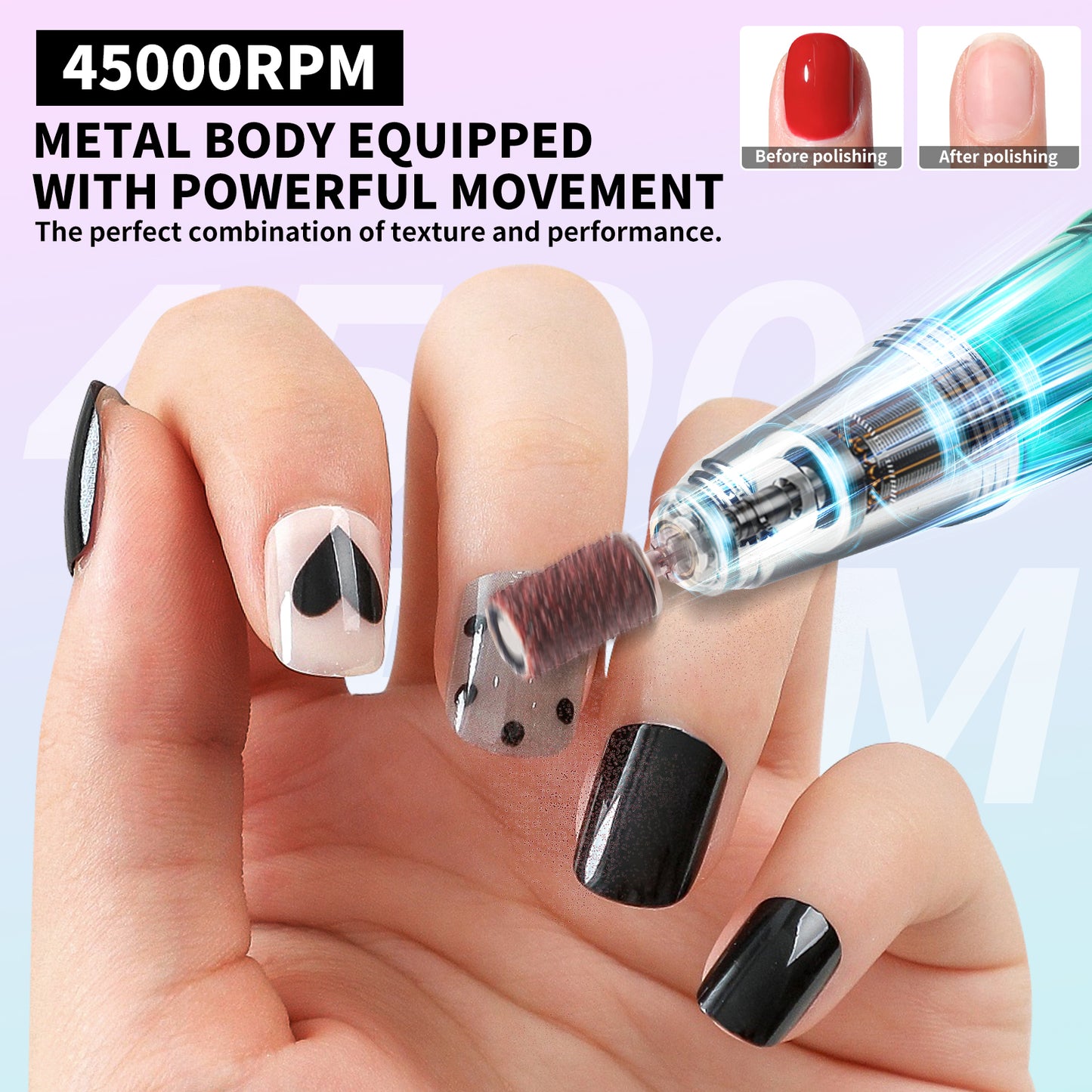 Cordless Nail Drill 45000 RPM - Rechargeable Electric E-File Kit with Bits