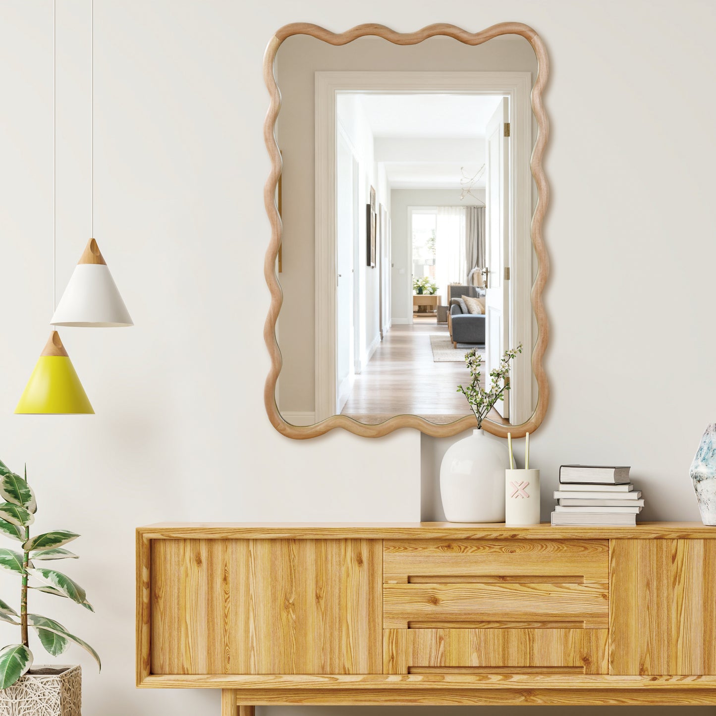 24"x36" Natural Wood Wavy Rectangle Decorative Mirror - Solid Wood Frame