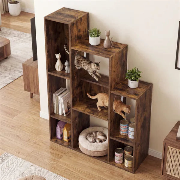 Cat Bookshelf Cabinet with Storage & Climbing Platforms - Rustic Brown