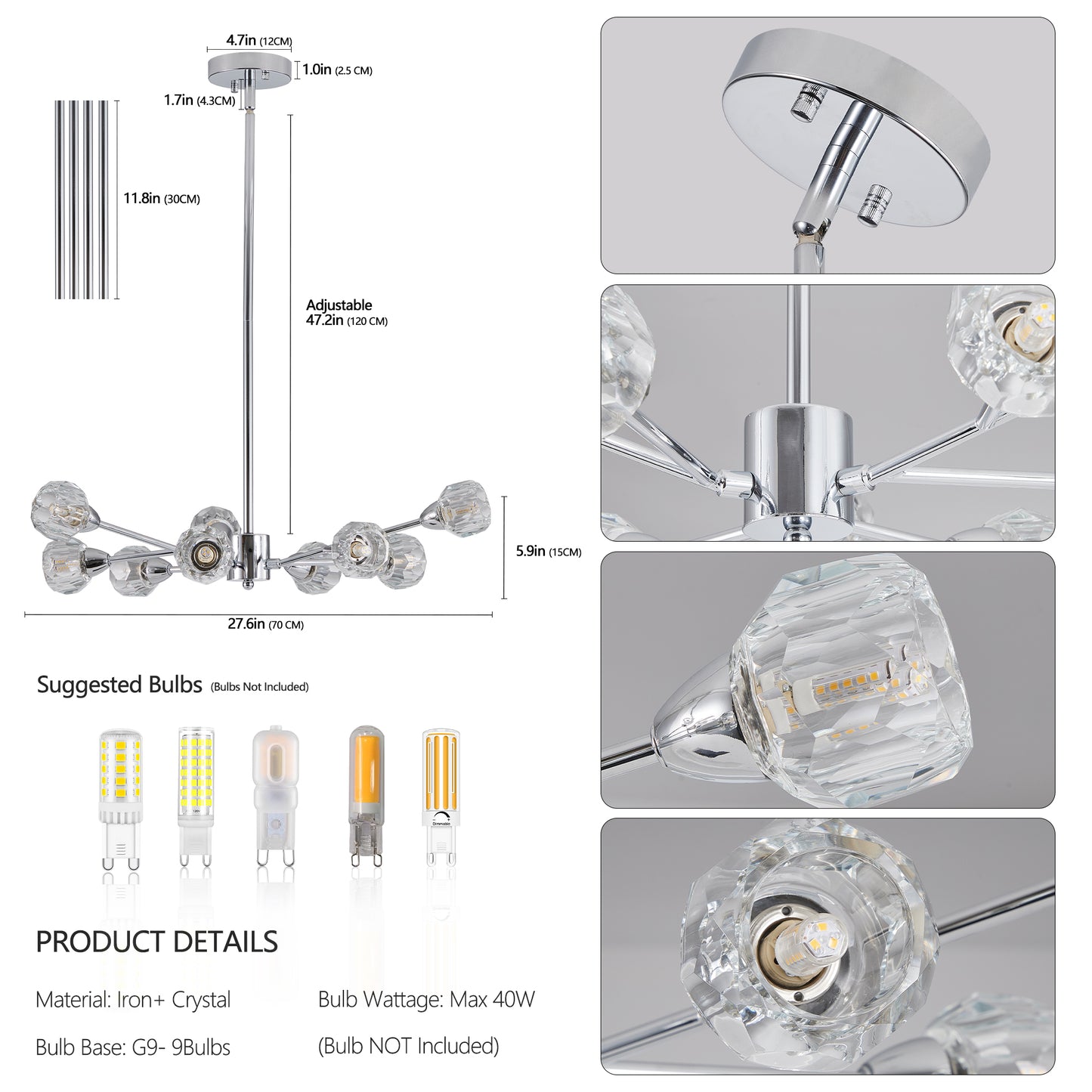 Modern Crystal Chandelier - 9-Light Chrome Fixture for Living Room & Dining Room