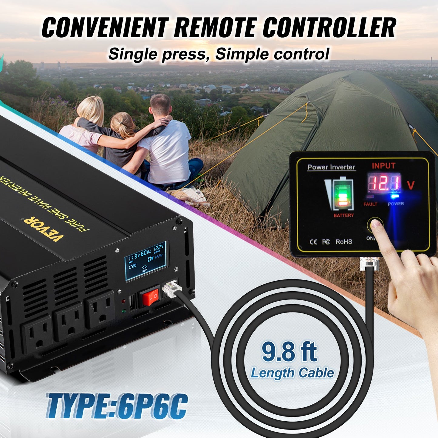 2500W Pure Sine Wave Power Inverter DC 12V to AC 120V with USB LCD Remote