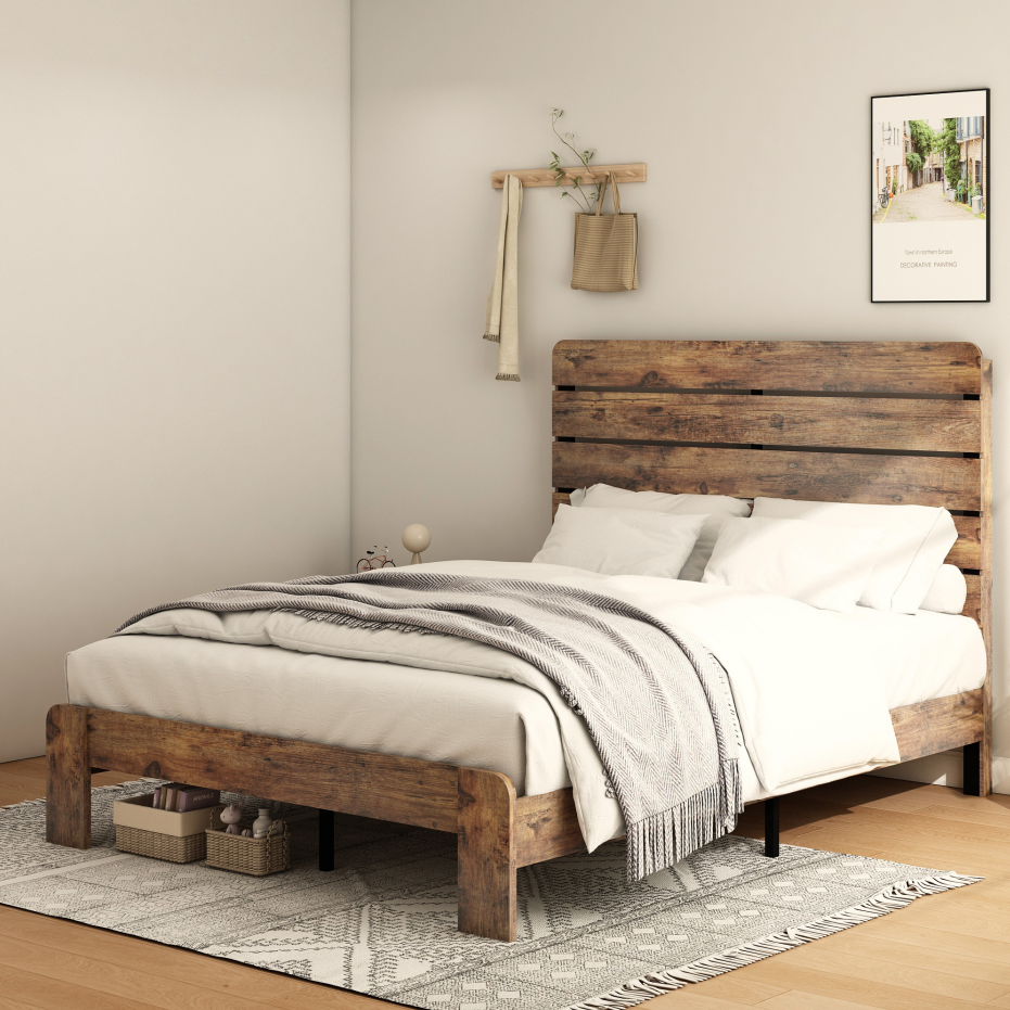 Full Wood Platform Bed Frame with Underbed Storage - Dark Brown