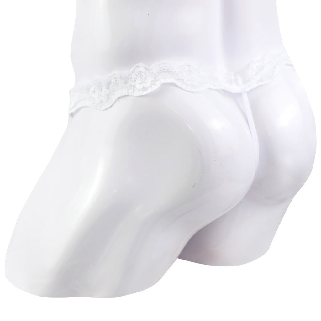 Men's Lace T-Back Underwear - Comfortable White Nylon Briefs