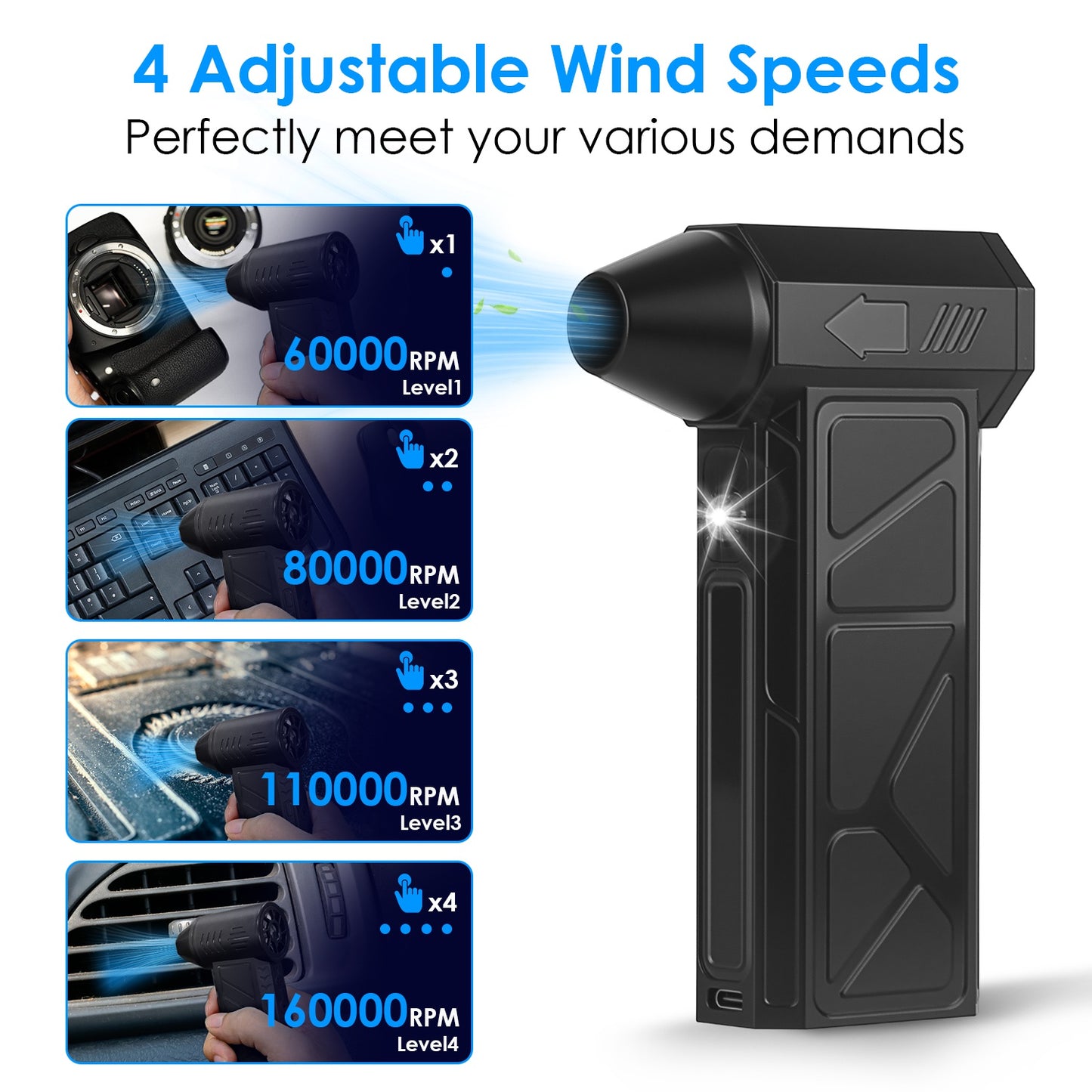Cordless Compressed Air Duster with LED Light - 4 Speeds