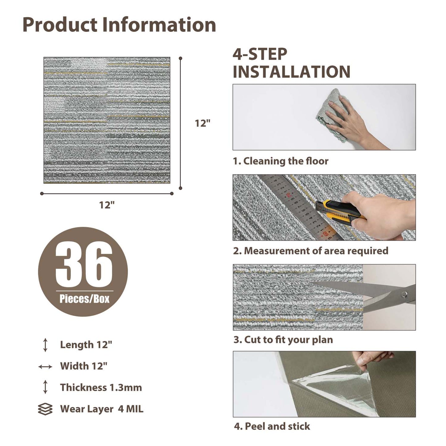Gray Peel and Stick Vinyl Flooring Tile - 36PCS, Water Resistant