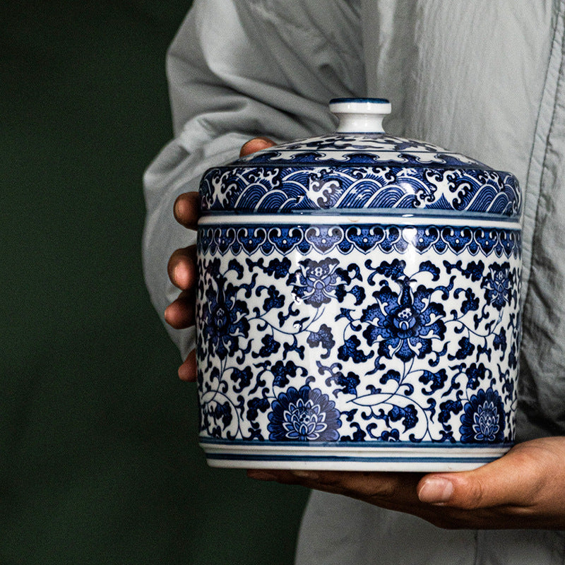 Blue and White Ceramic Tea Jar with Lid - Chinese Style Home Storage
