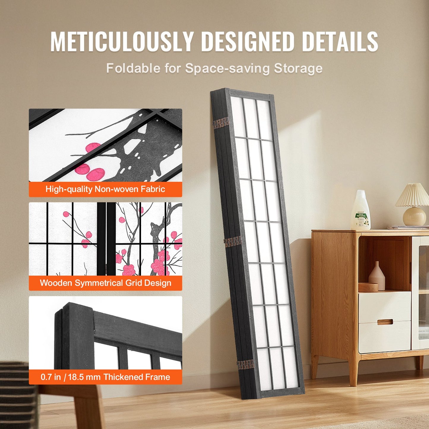 Wood Folding Japanese Room Divider - 6 Panel Privacy Screen