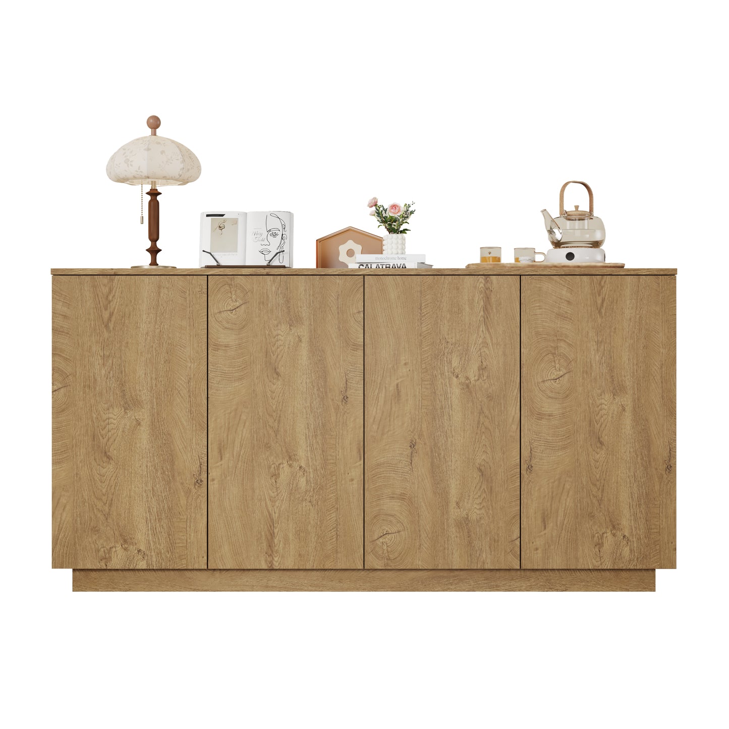 Natural Wood Sideboard Buffet Cabinet with 4 Doors & Adjustable Shelves