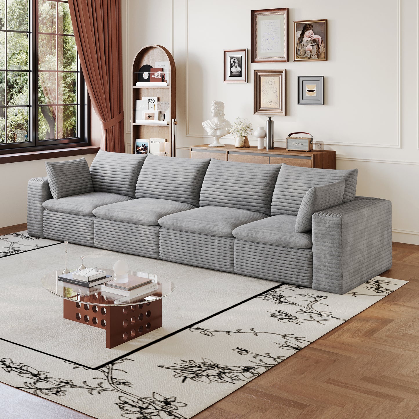134" Cloud Sofa - Corduroy Fabric, Deep Seat, Removable Cushion, Grey