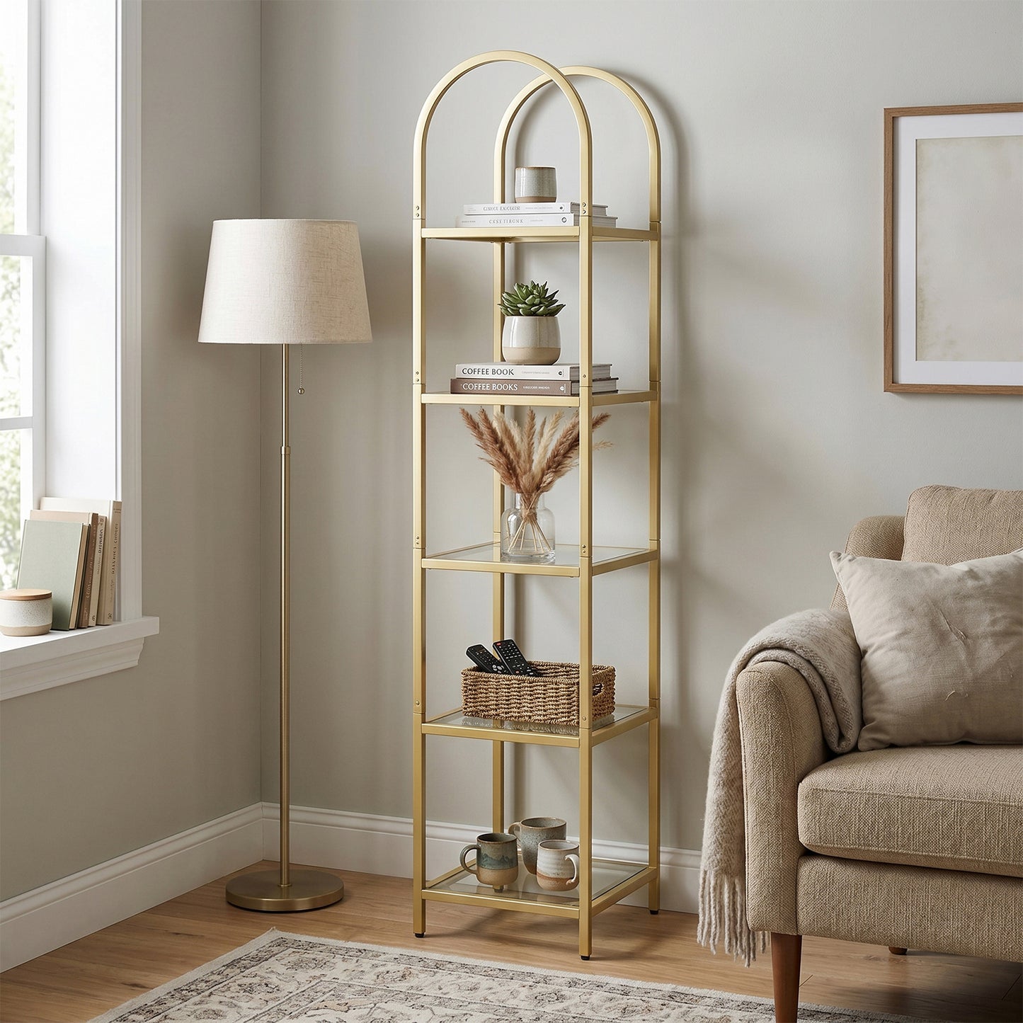 Gold 5-Tier Open Bookshelf - Modern Metal & Tempered Glass