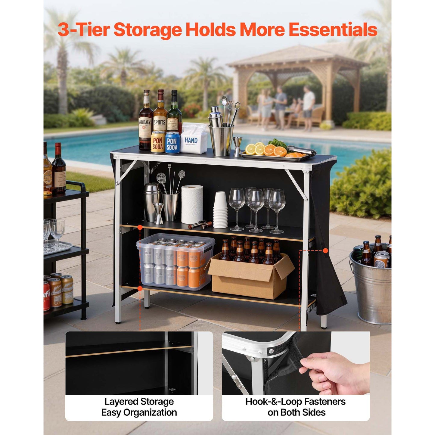 Foldable Portable Bar Table 43.3 x 15.2 x 34.8 Inches with Storage Shelves & Carry Bag