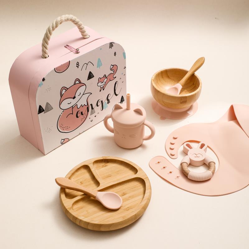 Baby Food Tableware Set Silicone Bib Plate Straw Cup Fork Spoon Kids Dining Kit