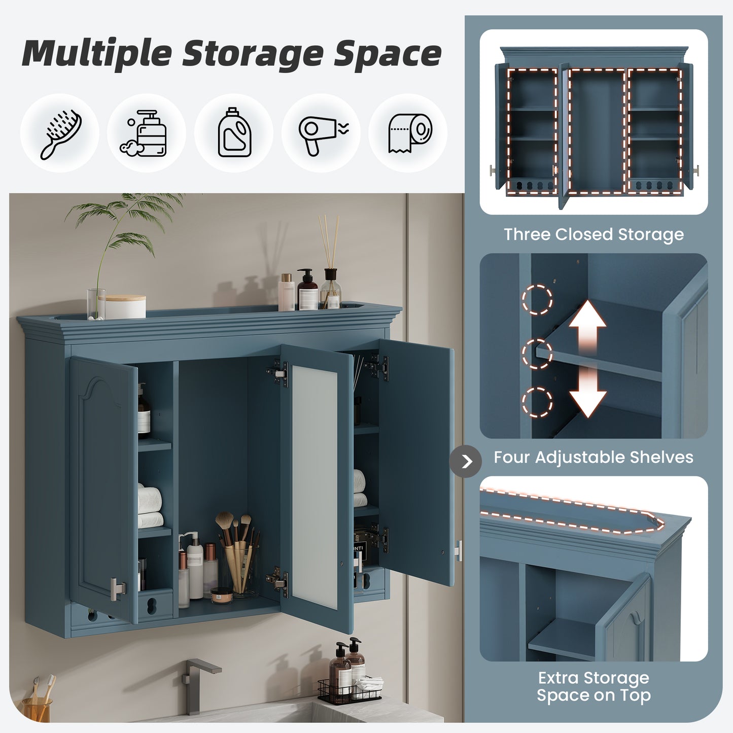 35 Inch Wall-Mount All-in-One Mirror Cabinet With Adjustable Shelves,