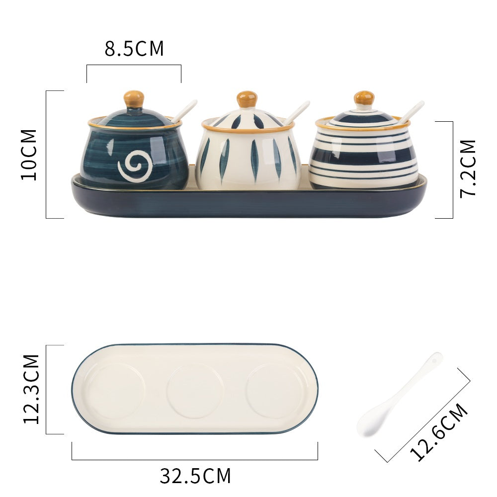 Ceramic Condiment Pot Set with Spoon - Kitchen Tableware, Household