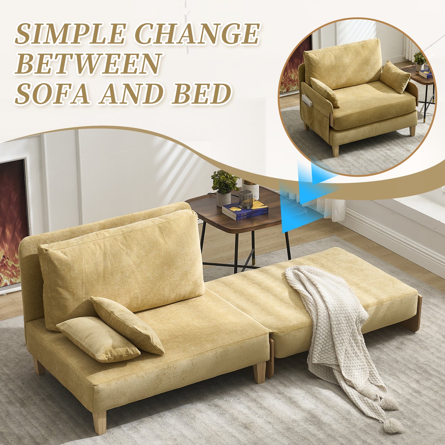 Foldable Sofa Bed Recliner - 3-in-1 Convertible Sleeper, Mustard Yellow
