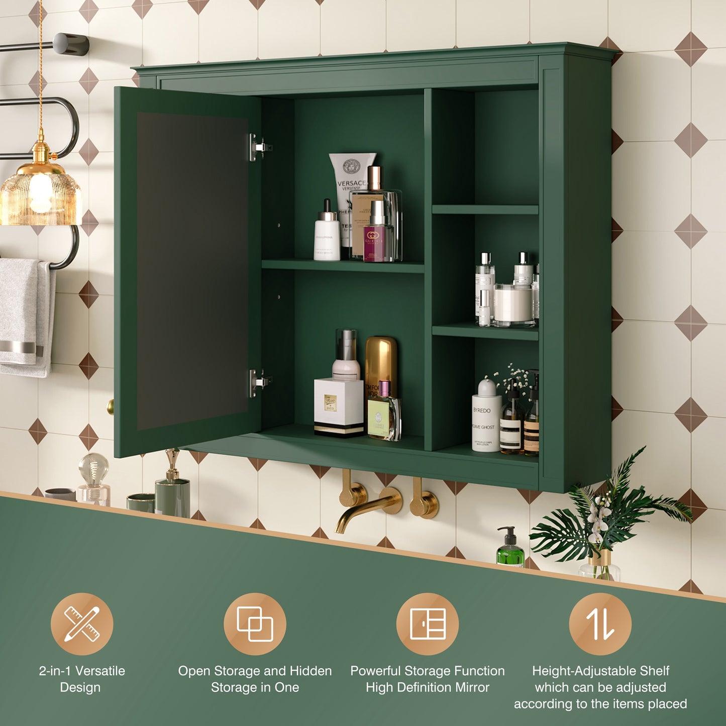35'' x 28'' Wall Mounted Bathroom Storage Cabinet with Mirror - Green