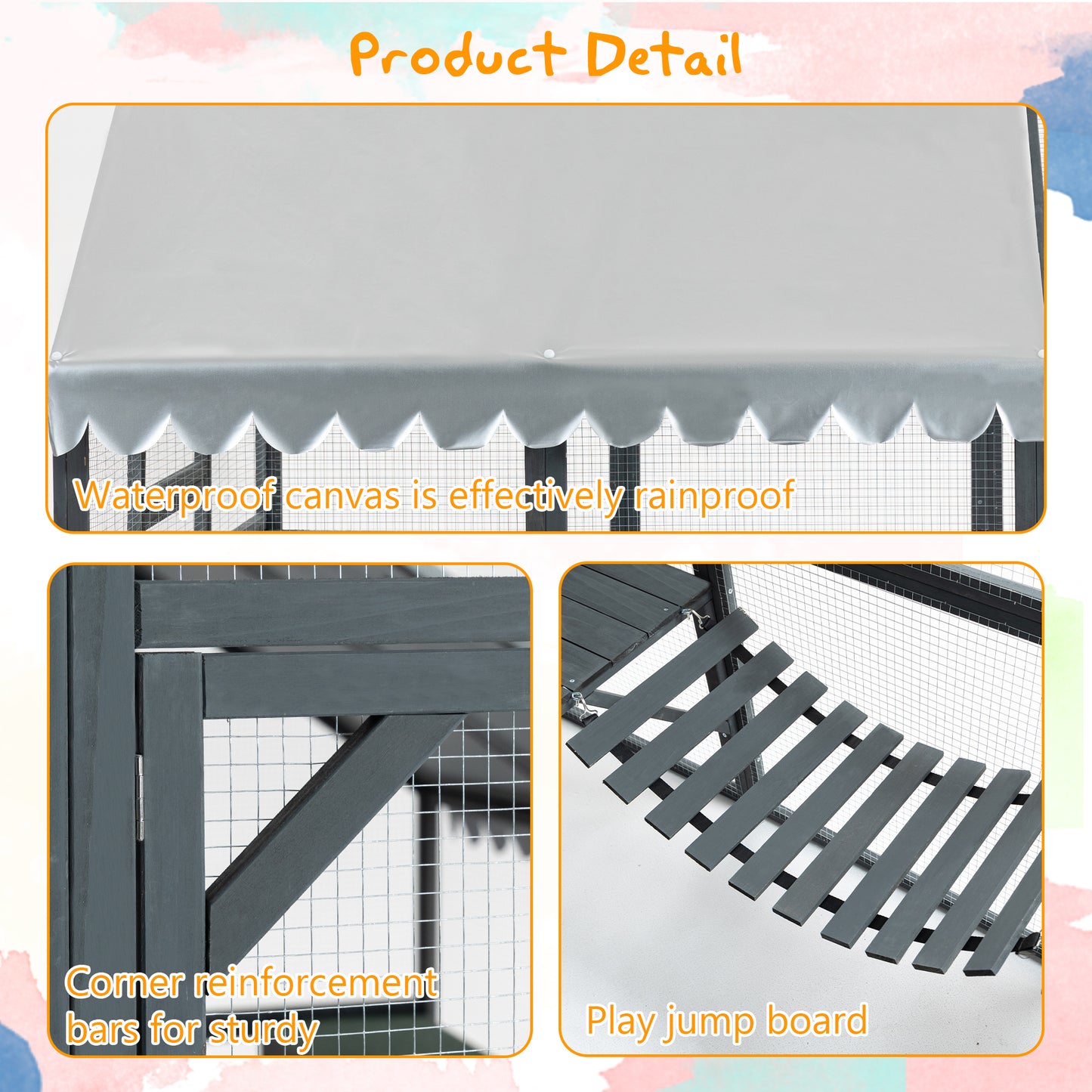Outdoor Cat House with 2 Doors & Play Areas - Wooden Cat Enclosure, Grey