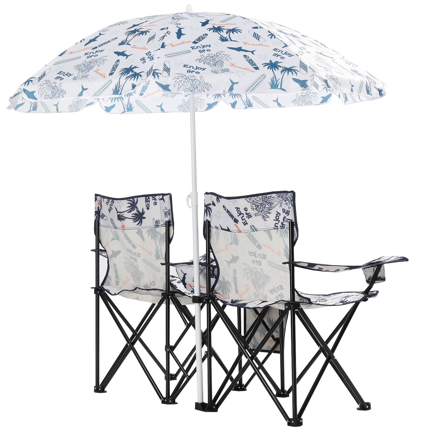 Portable Outdoor 2-Seat Fishing Chair with Removable Umbrella - Coconut Tree Pattern