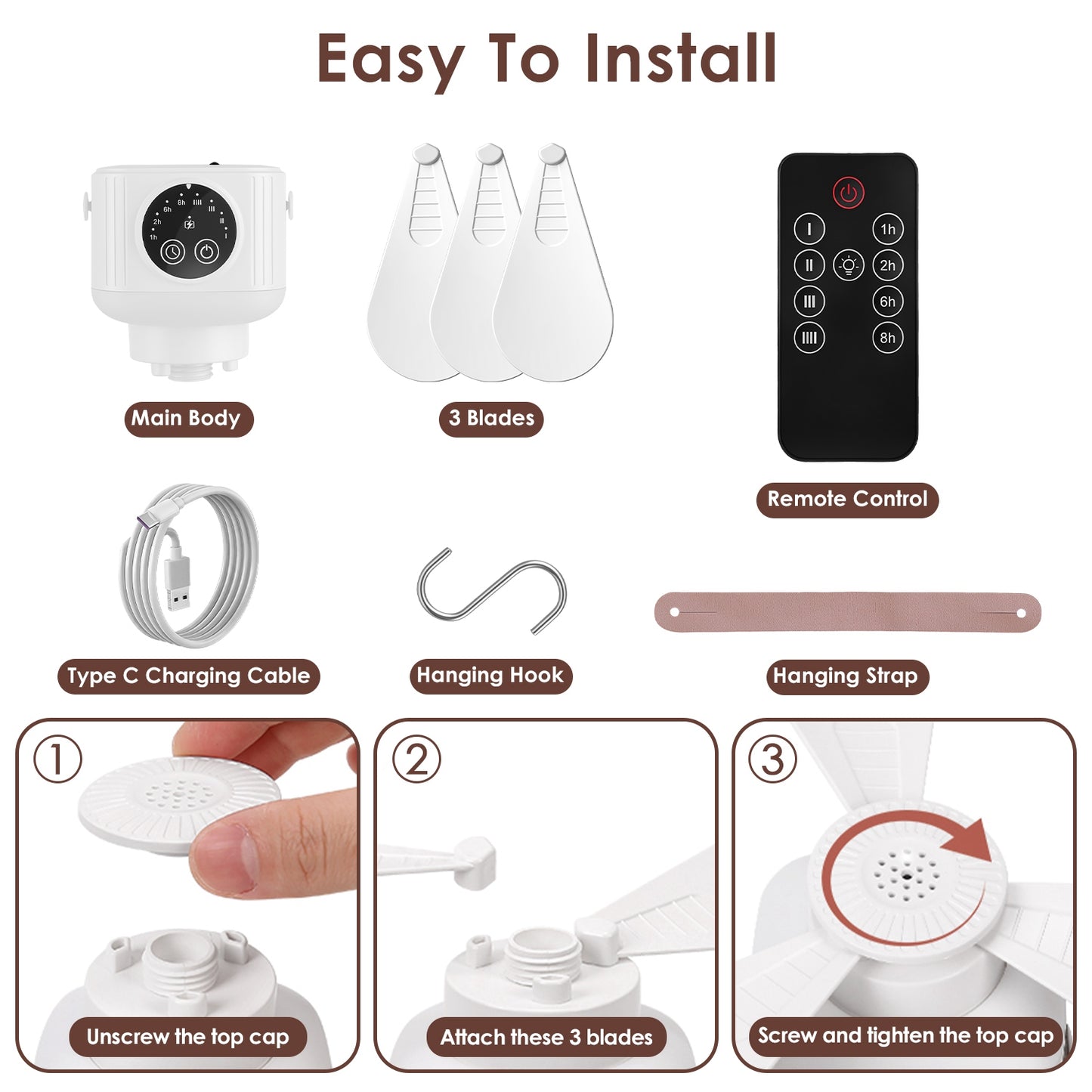Rechargeable Tent Ceiling Fan with Light and Remote Control - 7200mAh Portable Camping Fan