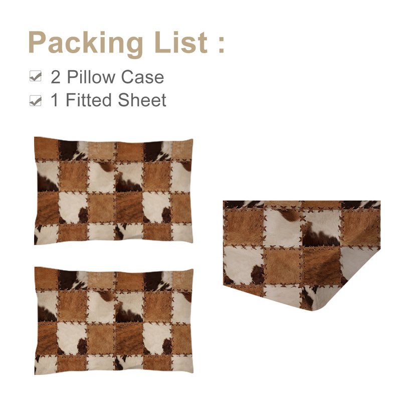 King Size Deep Pocket Fitted Bed Sheet Set Brown Simulated Leather Print