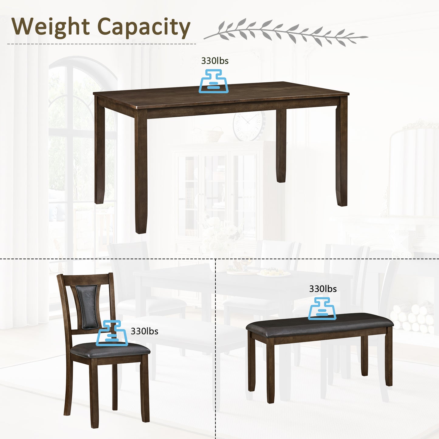 6-Piece Wooden Dining Table Set with Bench & Chairs - Walnut