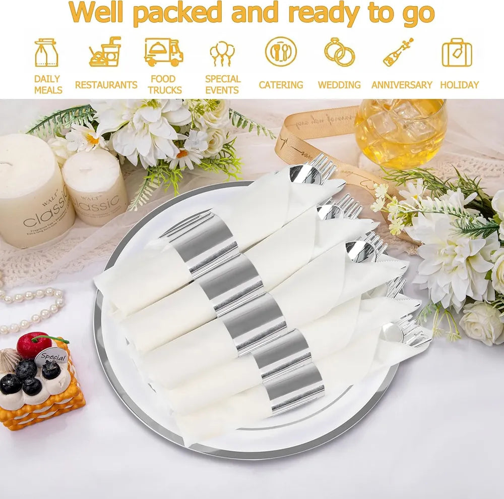 50 Pack Rose Gold Plastic Cutlery Set with Black Napkins - Wrapped