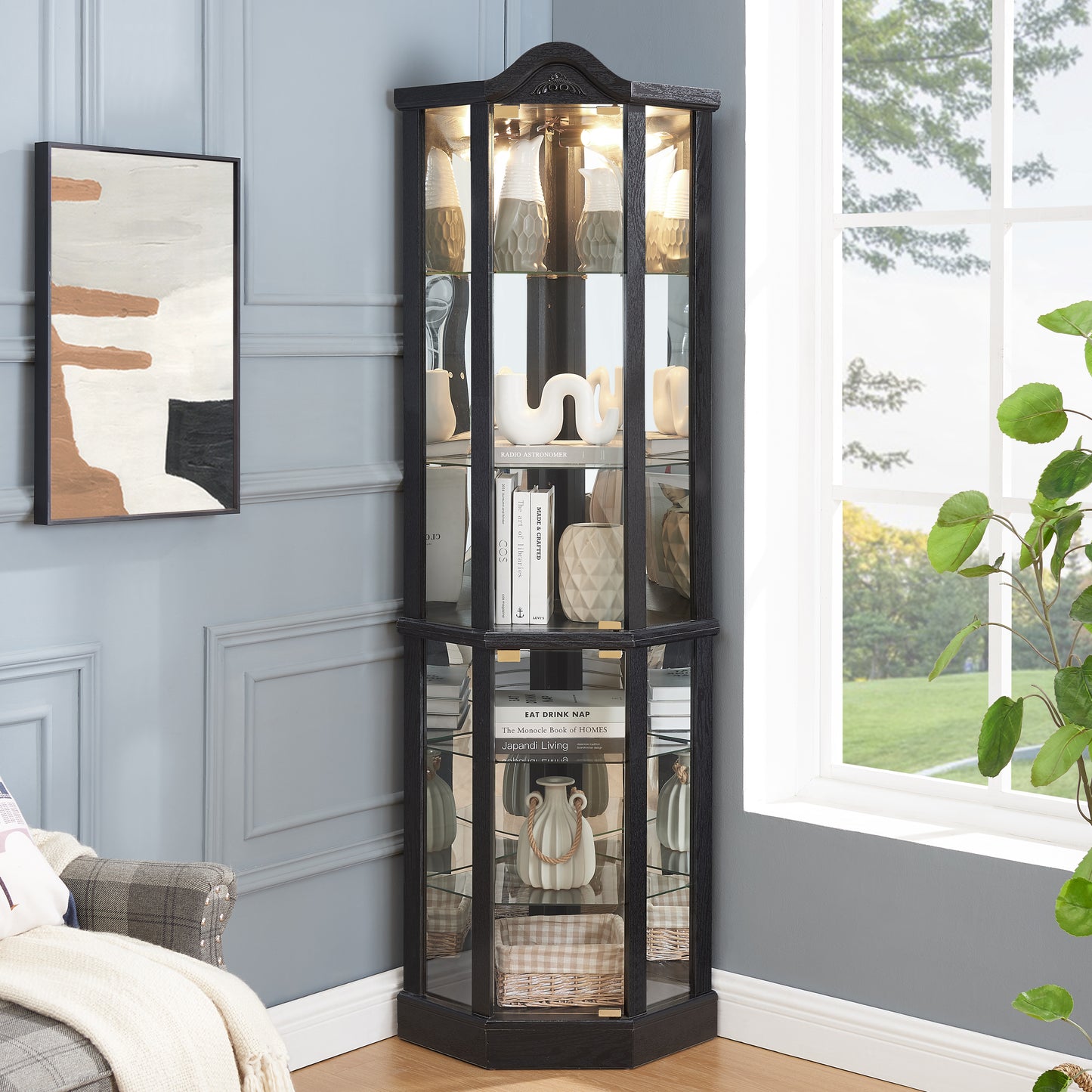 Lighted Glass Display Cabinet Corner Curio With Adjustable Shelves