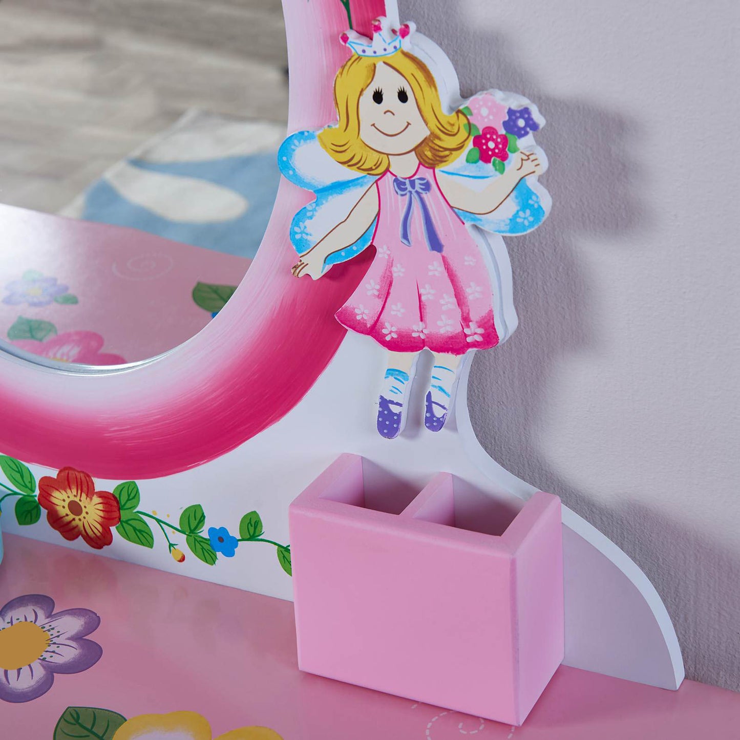 Kids Vanity Set Floral Printed Wooden Makeup Dressing Princess Table