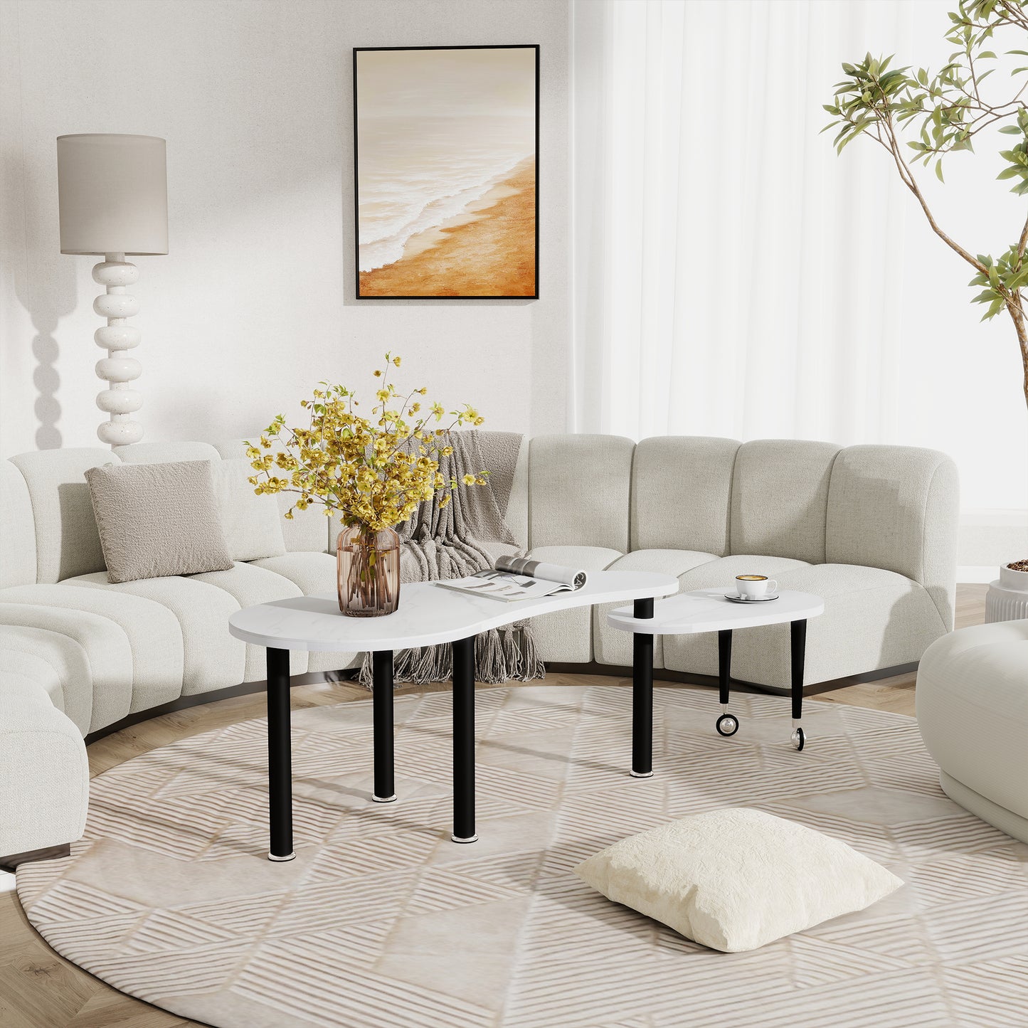 Contemporary Rotatable Cocktail Table With Solid Rubber Wood Legs,