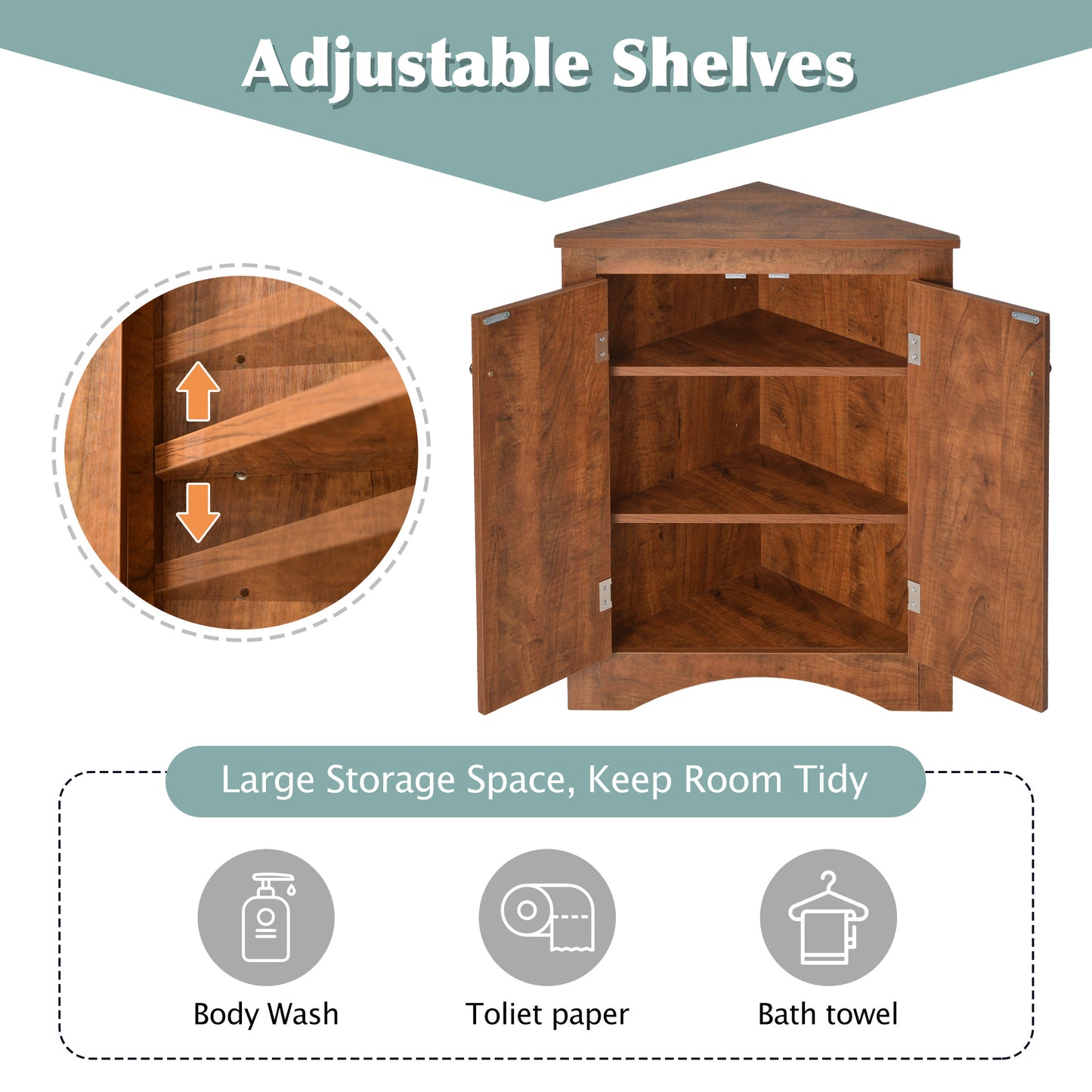 Brown Triangle Bathroom Storage Cabinet with Adjustable Shelves