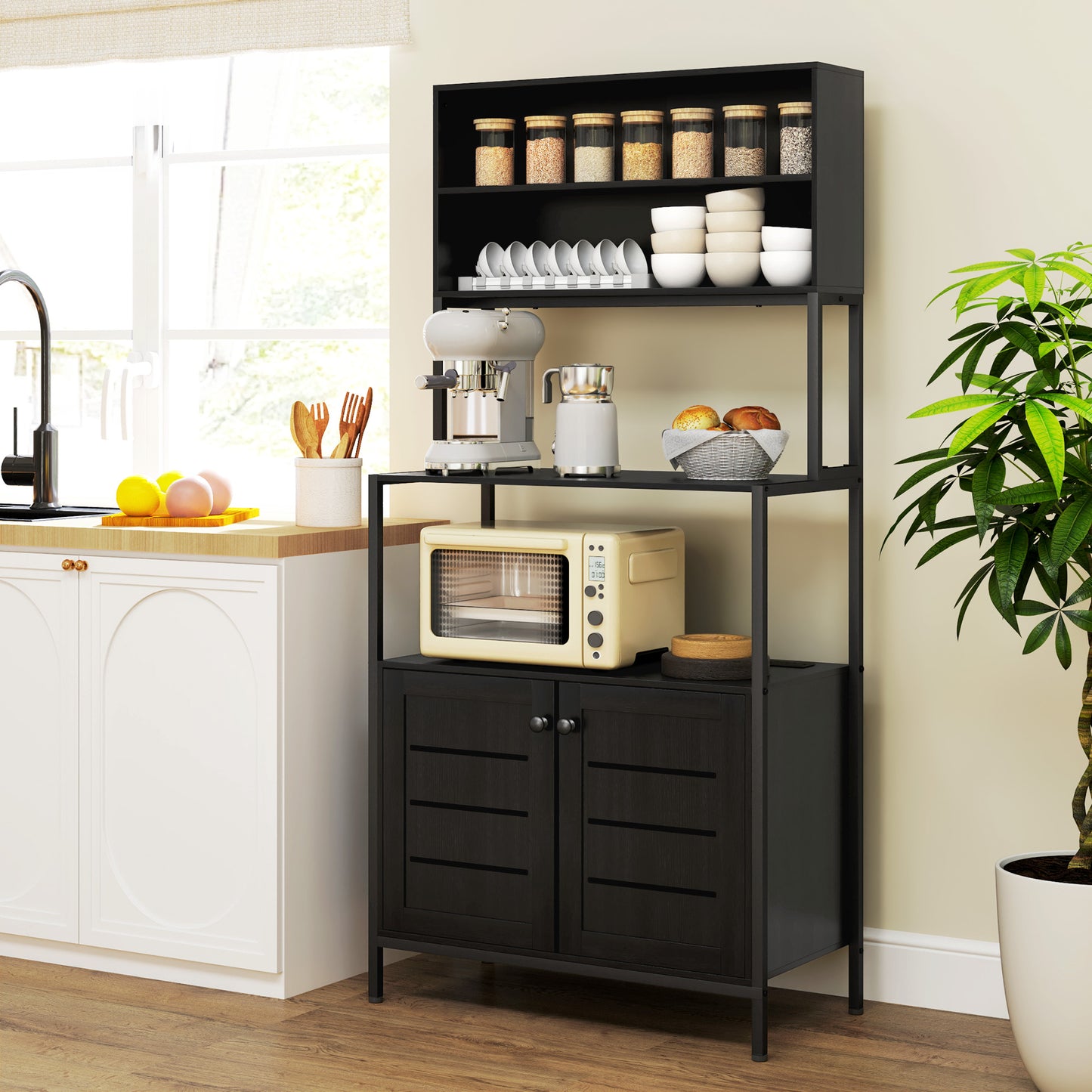 Baker's Rack with Power Outlet & Storage Shelves - Black