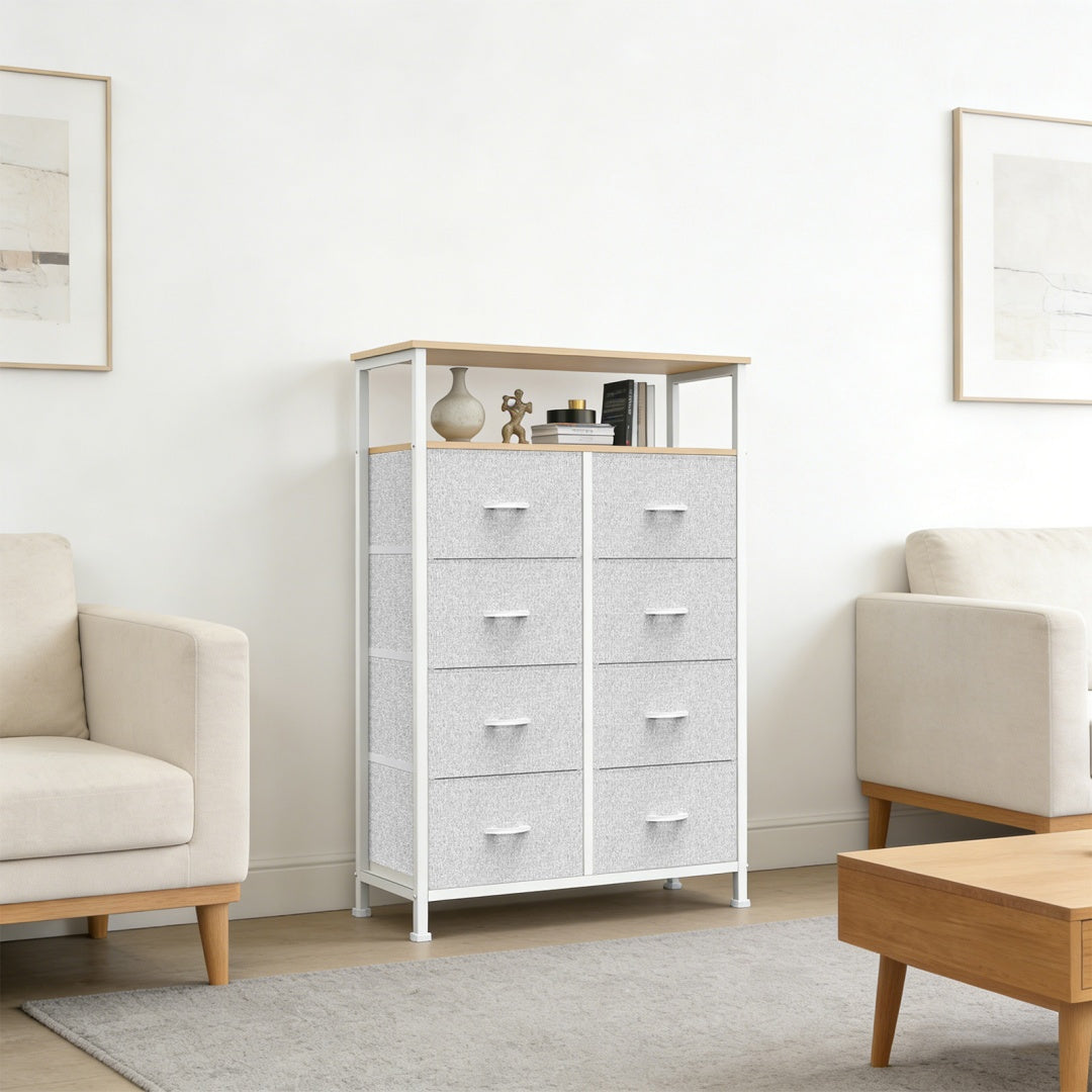Light Grey Wooden Storage Unit with 8 Shelves and Drawers