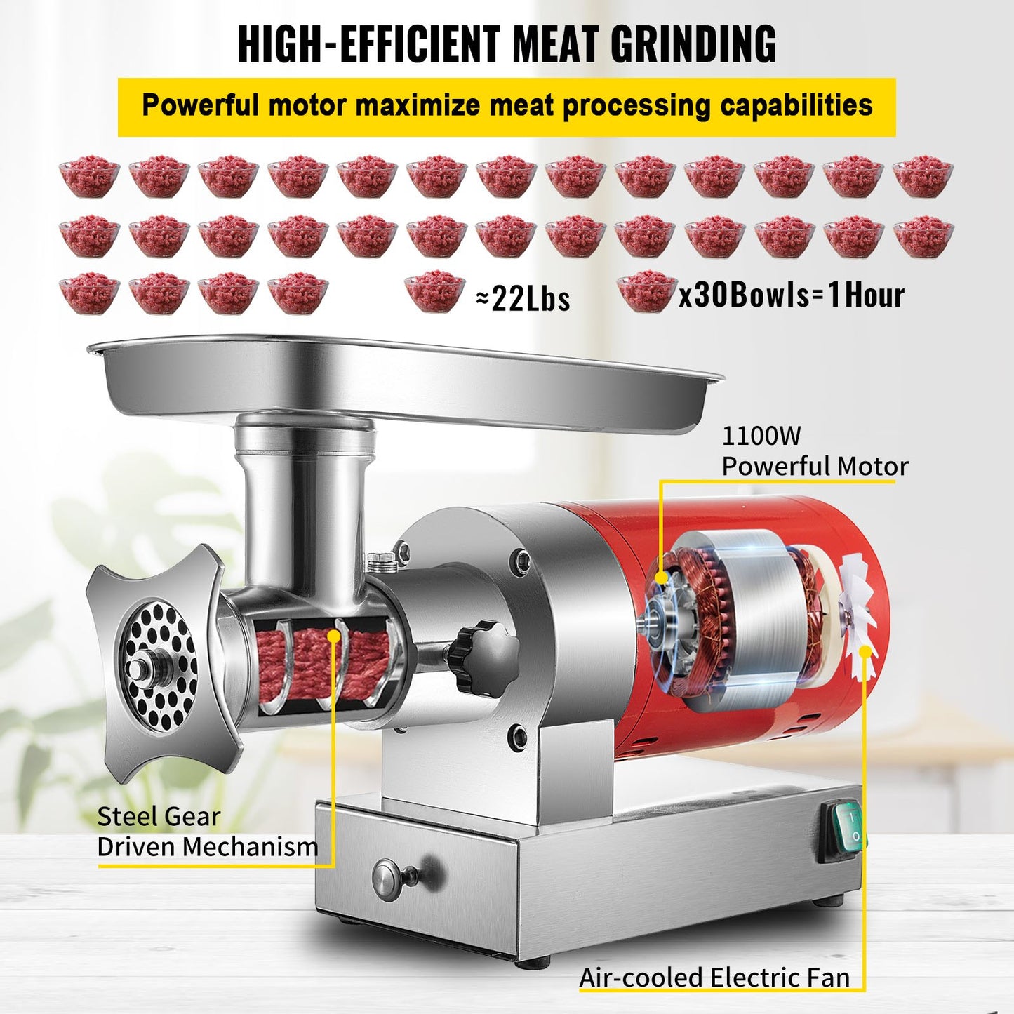 Electric Meat Grinder 661 Lb/Hour 1100W Heavy Duty Food Processor with Sausage Kit