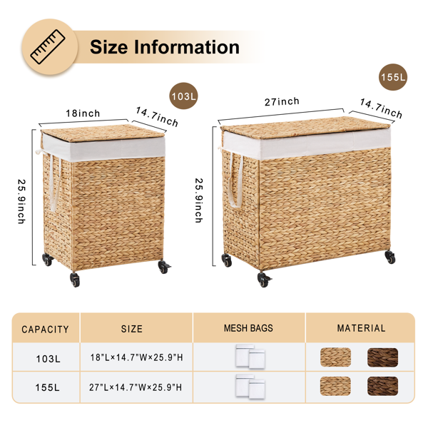 160L 3-Section Laundry Hamper With Lid And Wheels, Woven Natural