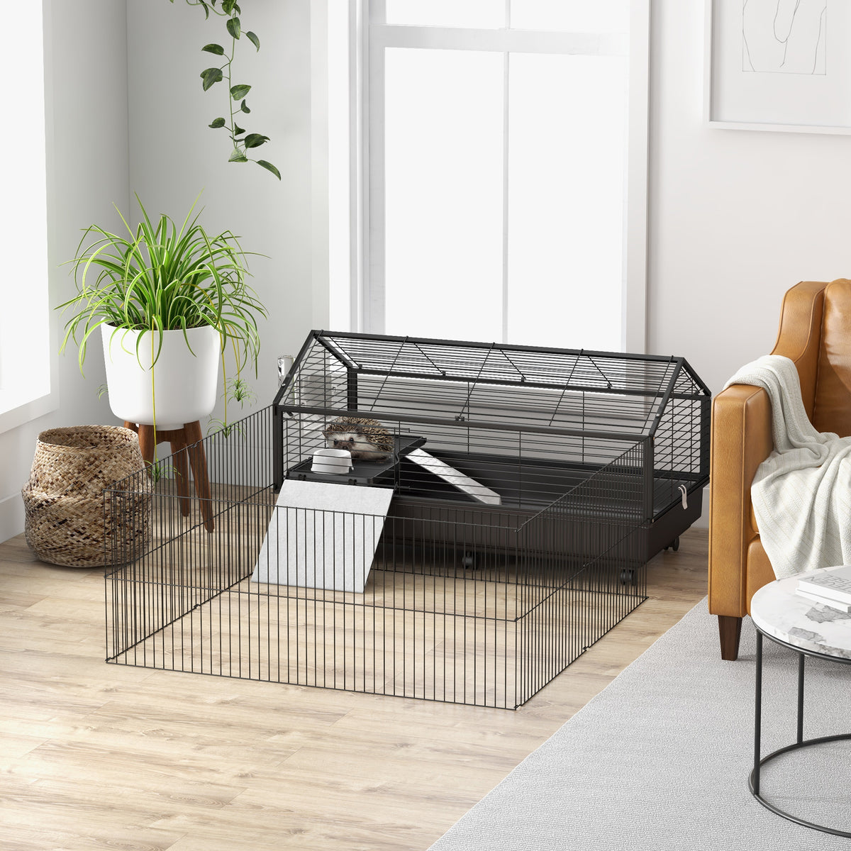 Small Animal Playpen Cage with Wheels and Water Bottle - 46.5 Inches