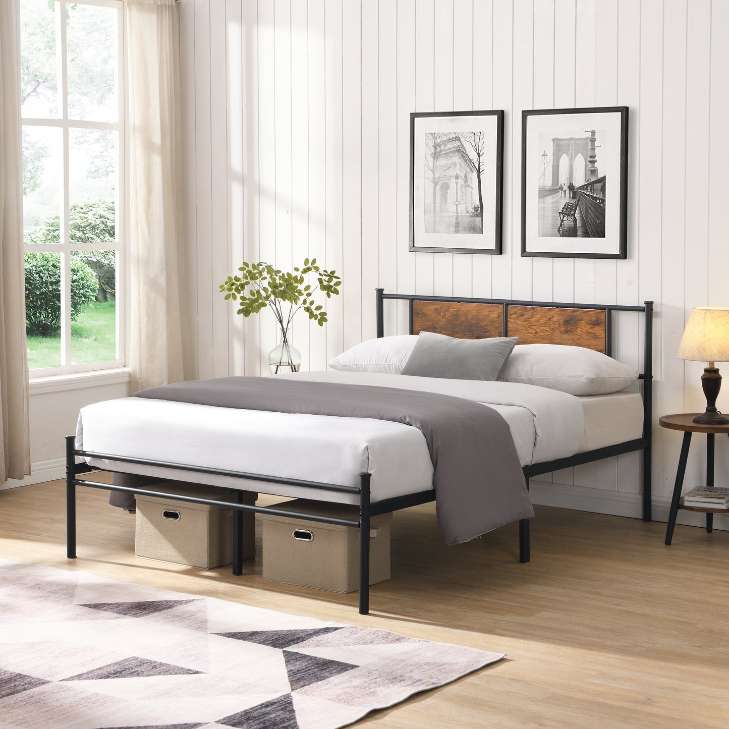 King Size Metal Bed Frame with Wood Panel Headboard - Black & Brown
