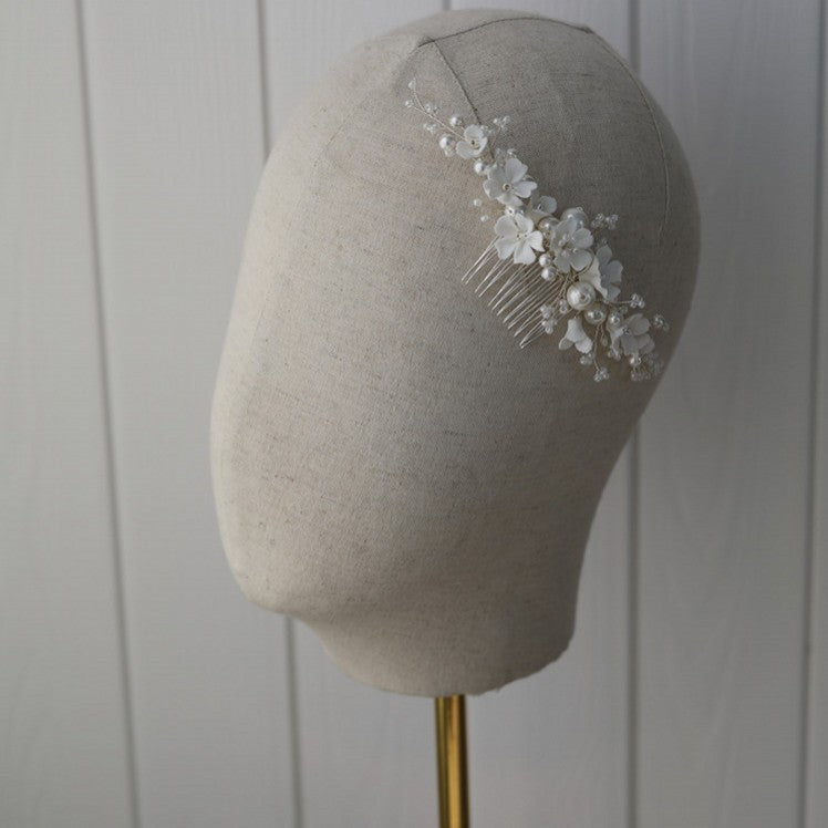 White Ceramic Flower Bridal Hair Comb