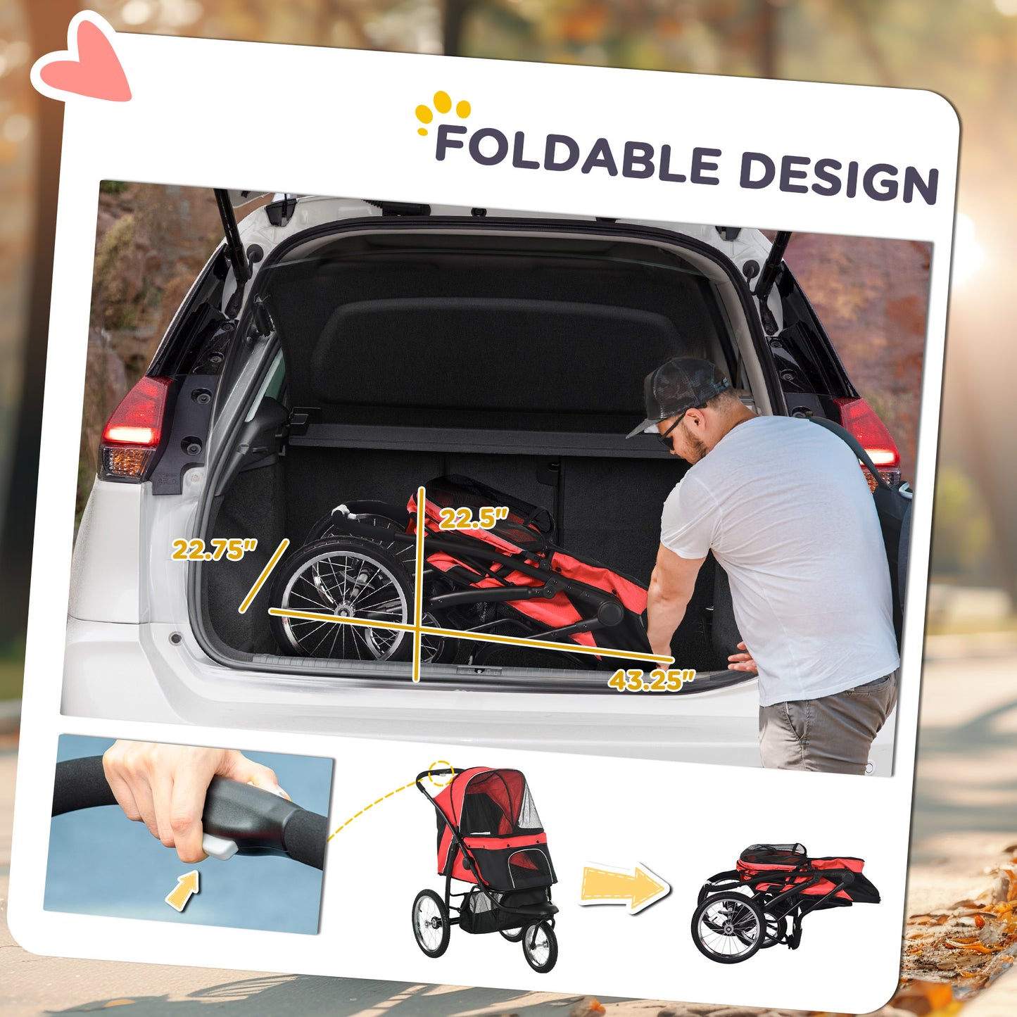 Pet Stroller for Small to Medium Dogs with 3 Large Wheels, Adjustable Canopy, Safety Tether