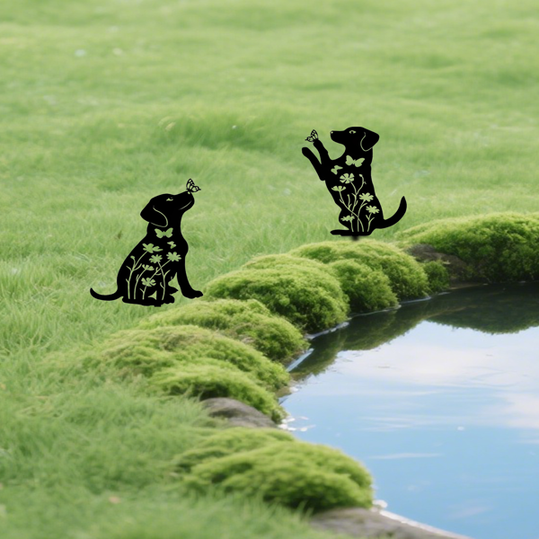 2pcs Metal Dog Garden Decor Sculptures - Puppy Silhouette Stakes for Outdoor Yard
