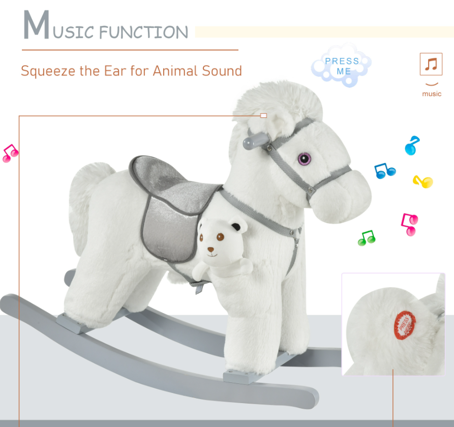 White Plush Rocking Horse with Bear Toy for Kids - Soft Sound