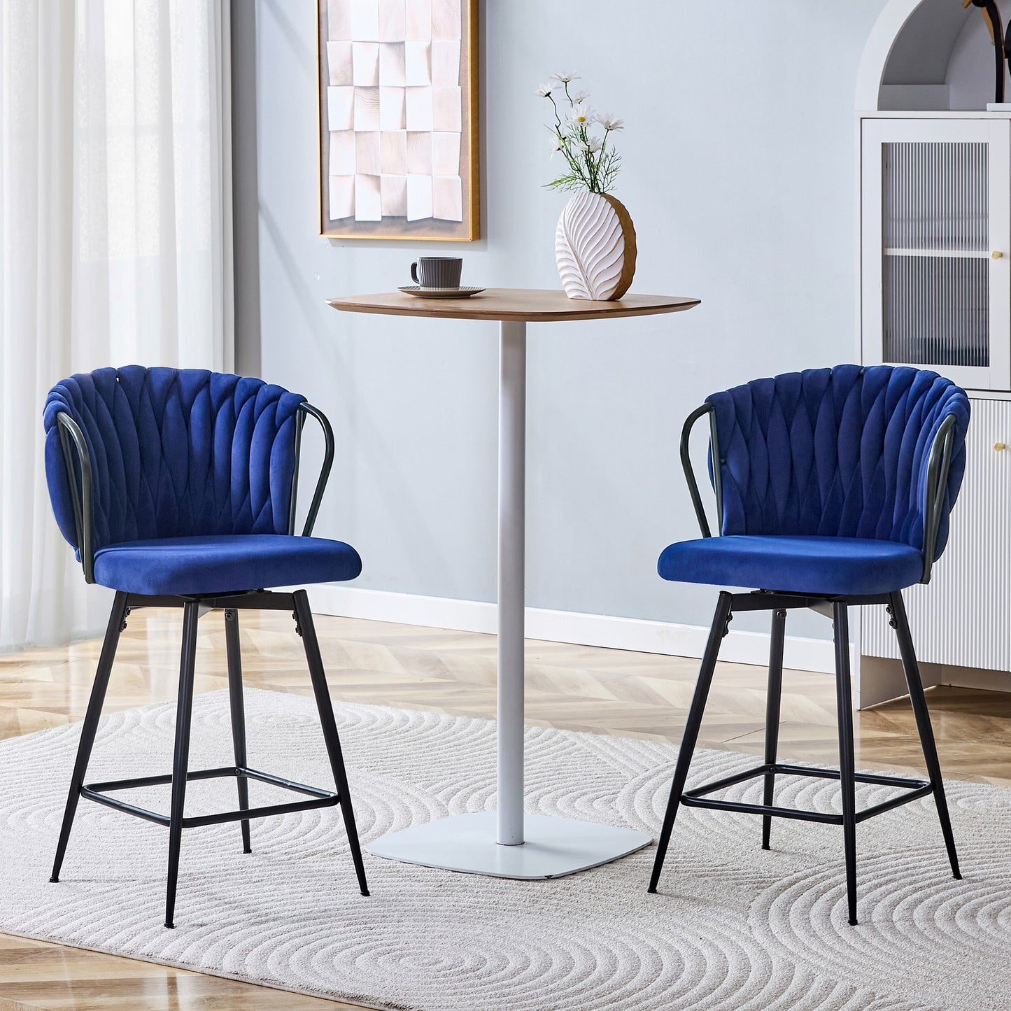 Set Of 2 Modern Velvet Braided Bar Stool With Metal Frame,
